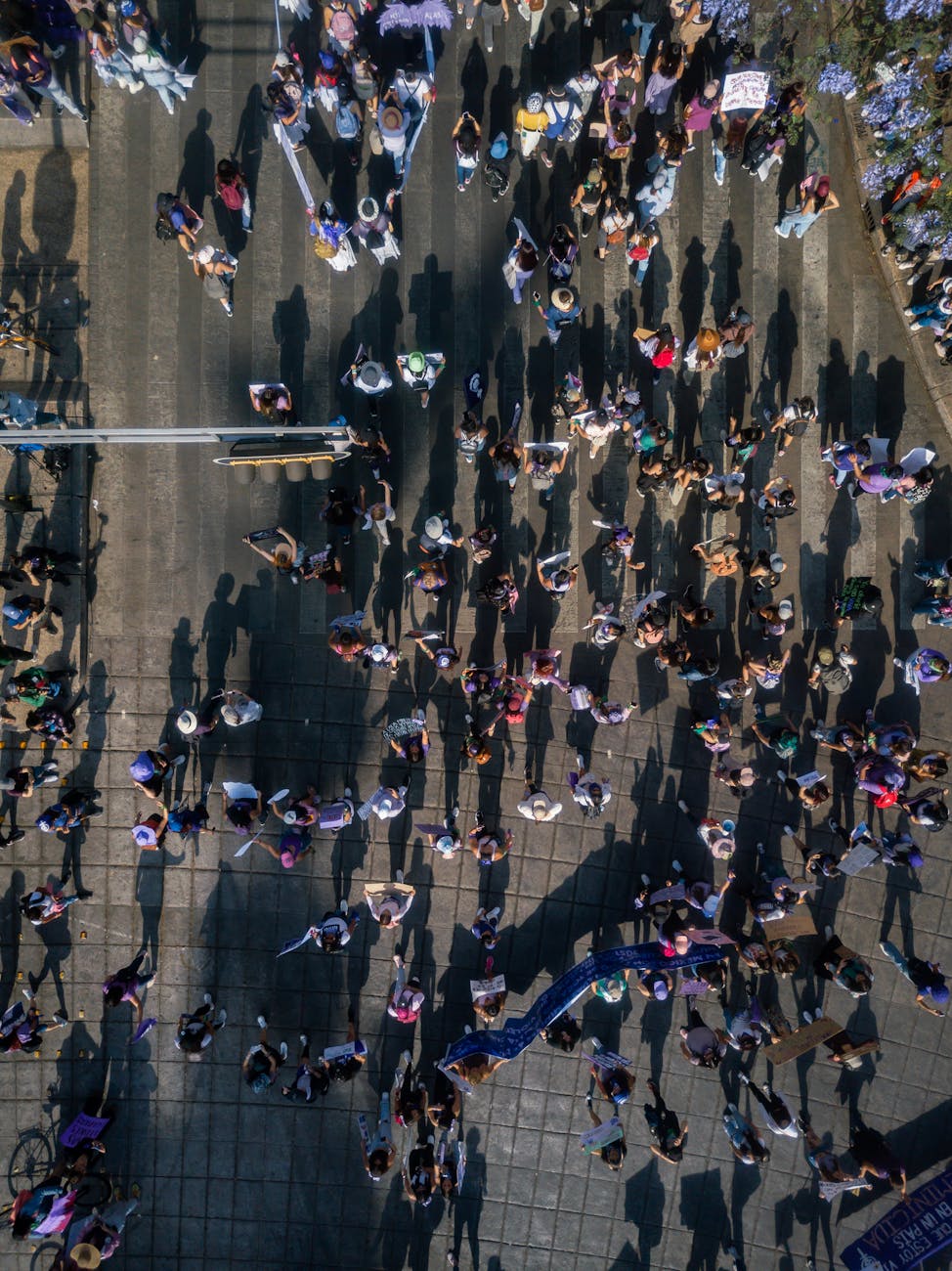 top view of people walking in a protest of a street in city
