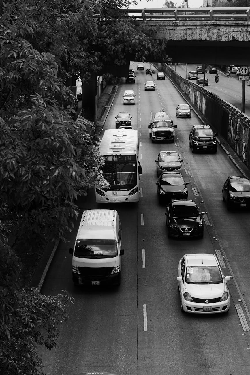black and white traffic scene in mexico city