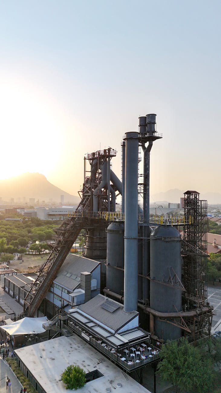 sunset industrial landscape with steel plant