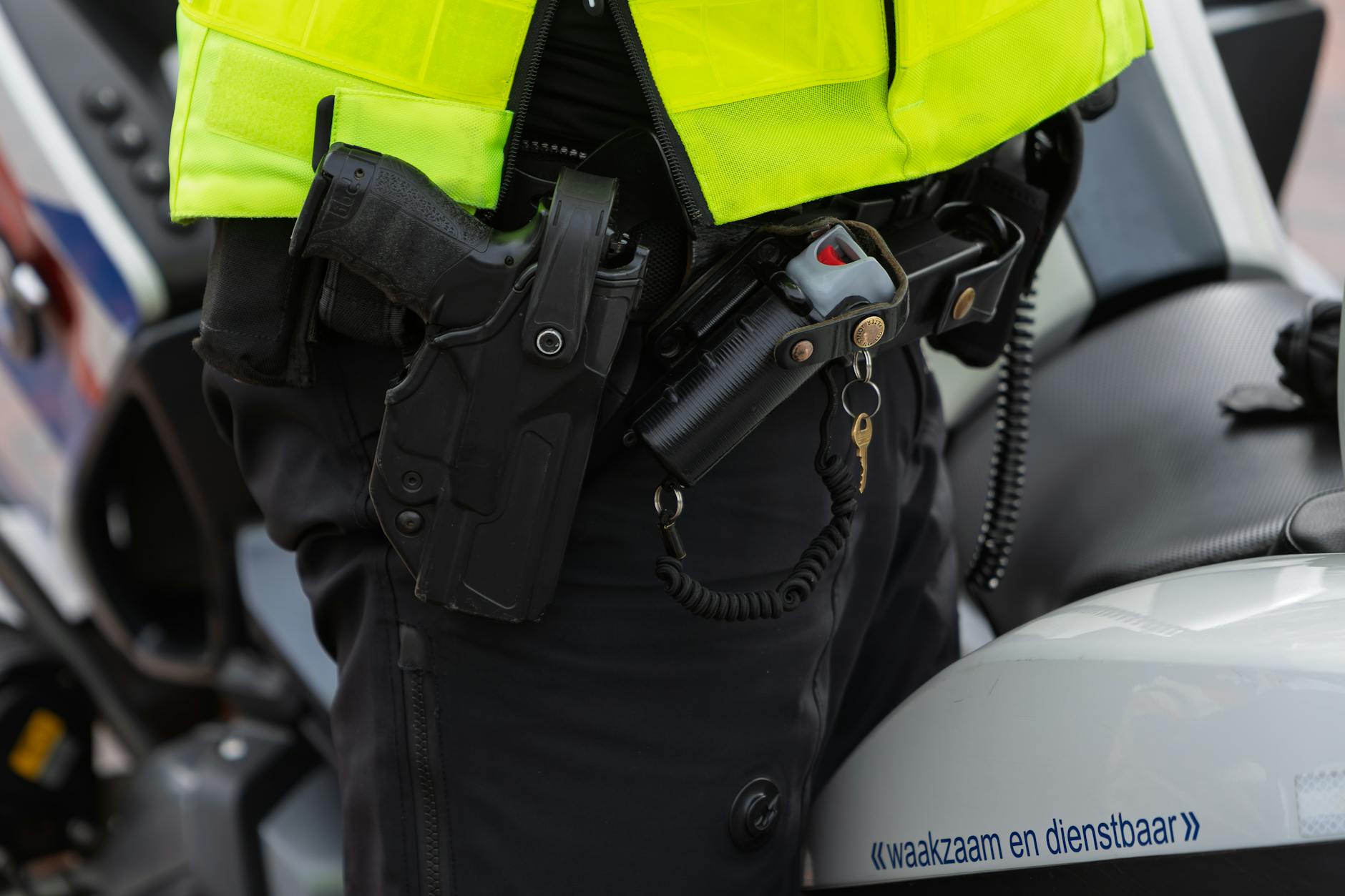 close up of police officer s gear and motorcycle