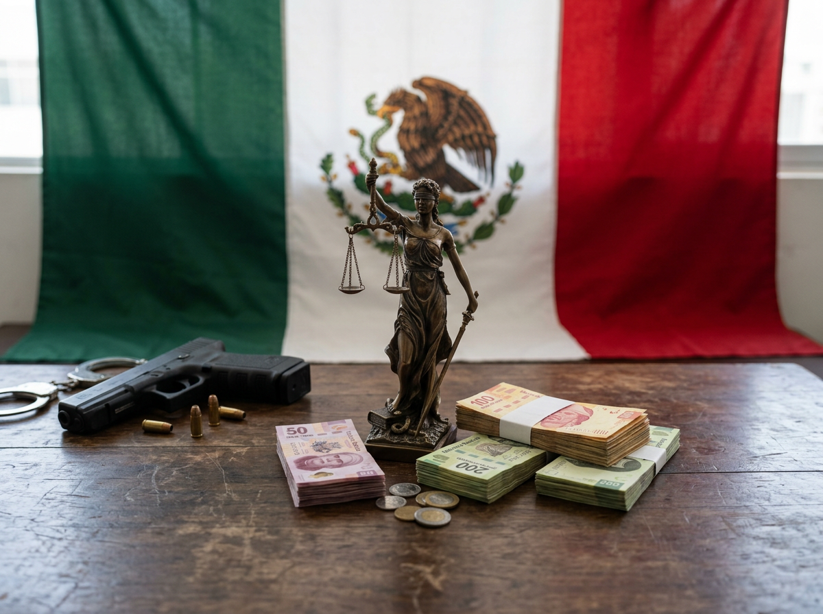Lady Justice statue with gun, handcuffs, bullets, and Mexican currency on a table with Mexican flag background