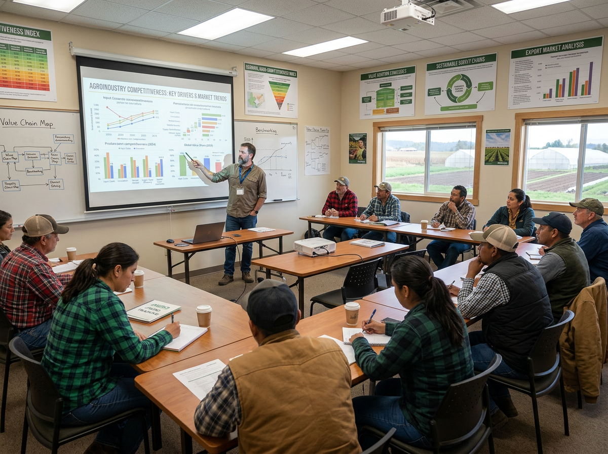 Instructor pointing at charts on agroindustry competitiveness while attendees take notes in classroom