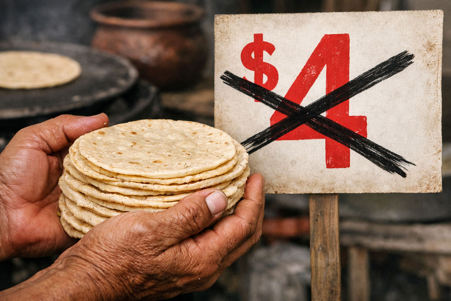Hands holding a stack of homemade tortillas next to a sign with a crossed-out $4 price.