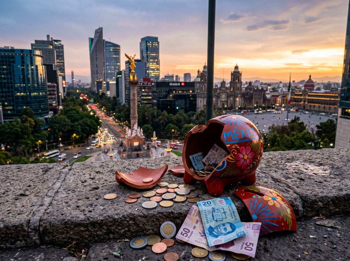 Broken colorful piggy bank labeled México with Mexican peso coins and bills spilling out on stone ledge
