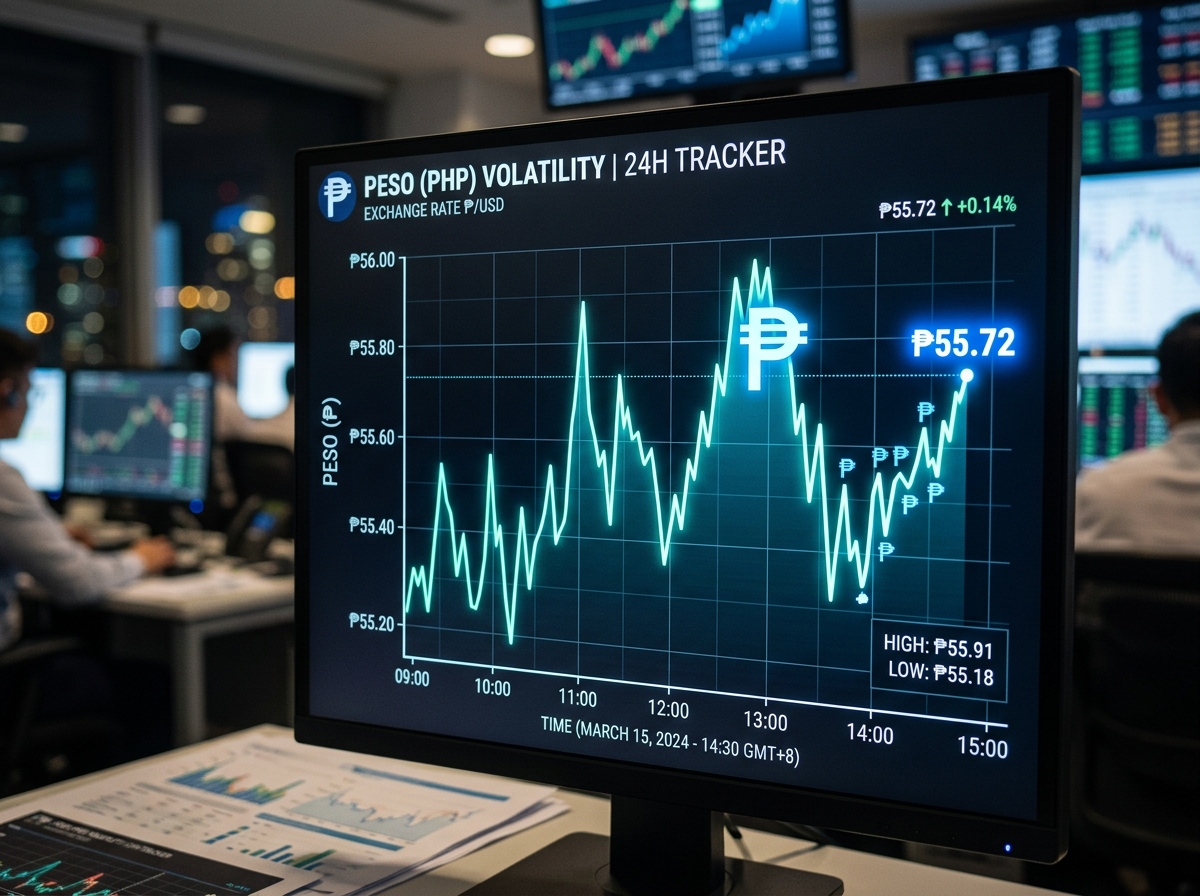 Chart showing Philippine Peso to USD exchange rate fluctuations over 24 hours.