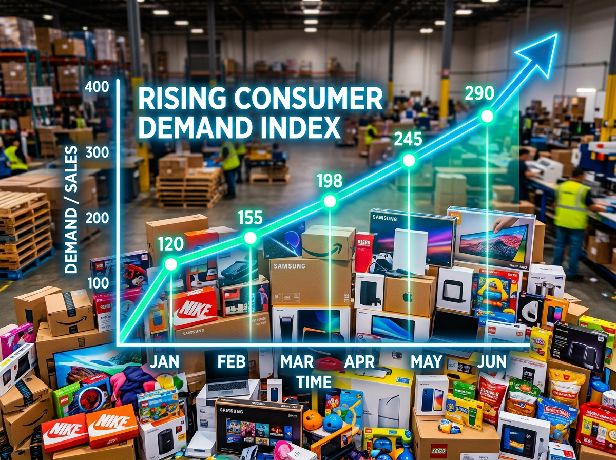 Rising line graph over consumer goods pile