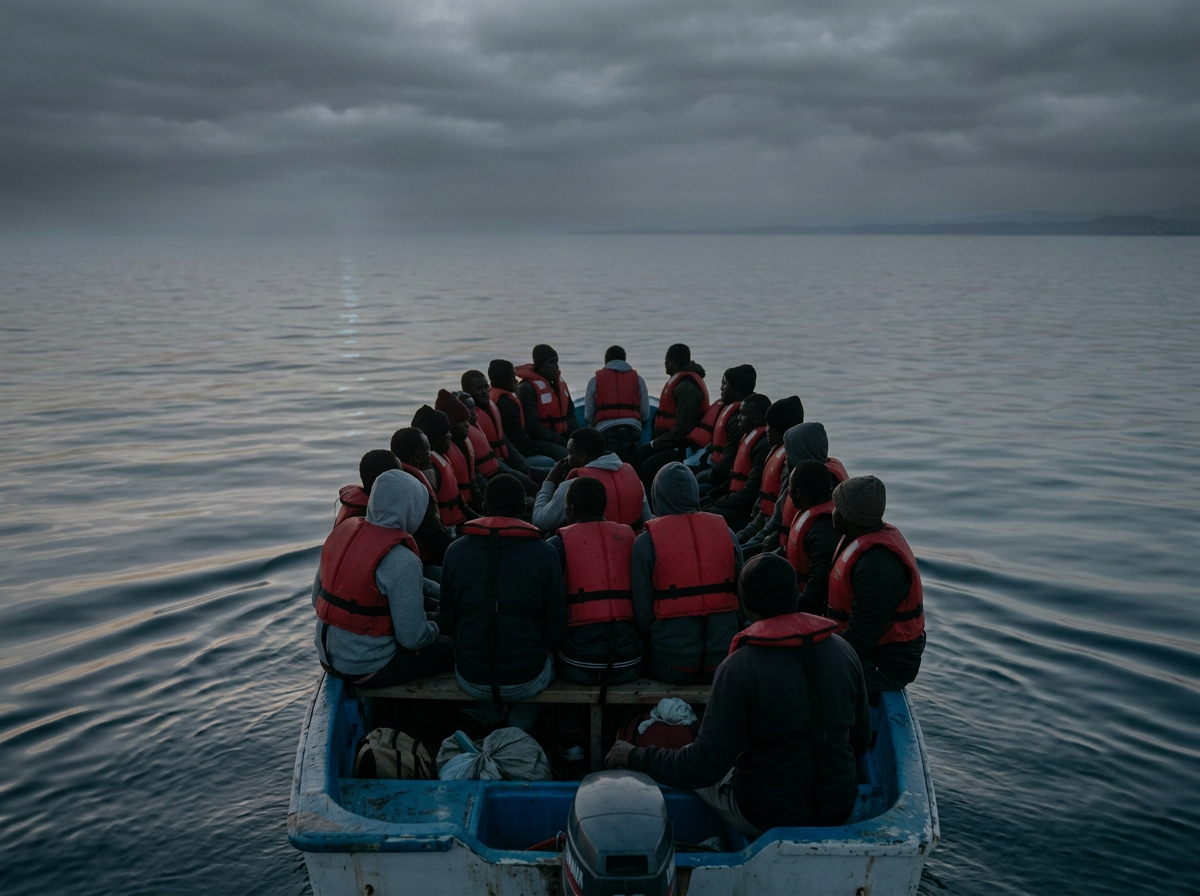 Several people wearing red life jackets sitting in a small boat on calm water at sunrise