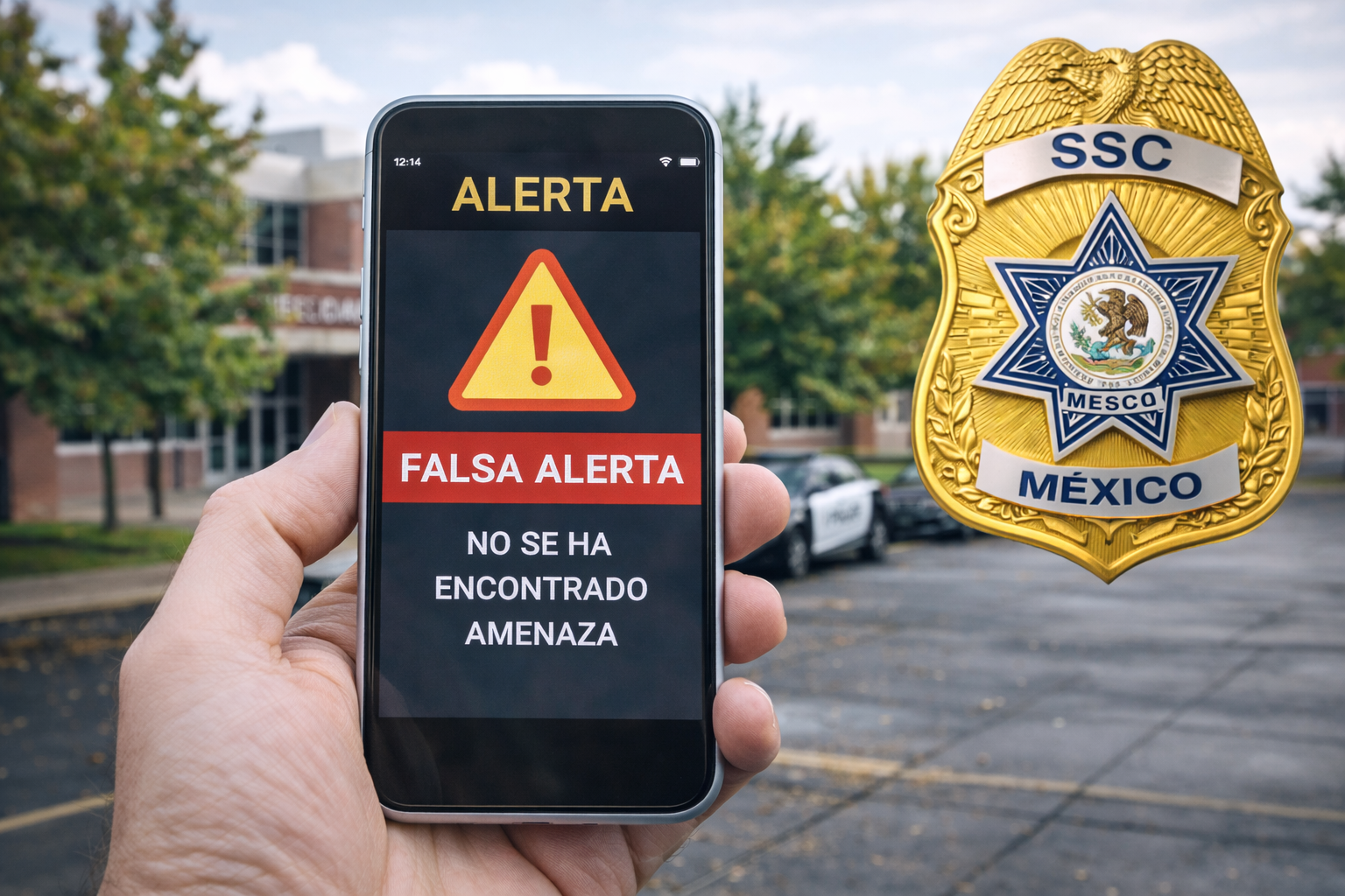Phone displaying false alert notification with police badge nearby