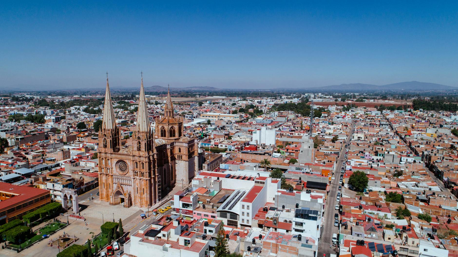 aerial view of city with gothic cathedral