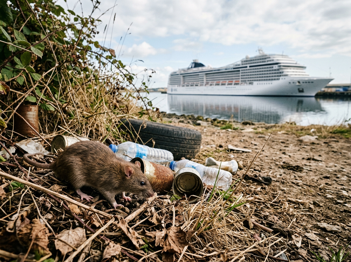 A rat among litter including cans and plastic bottles near a waterfront with a cruise ship