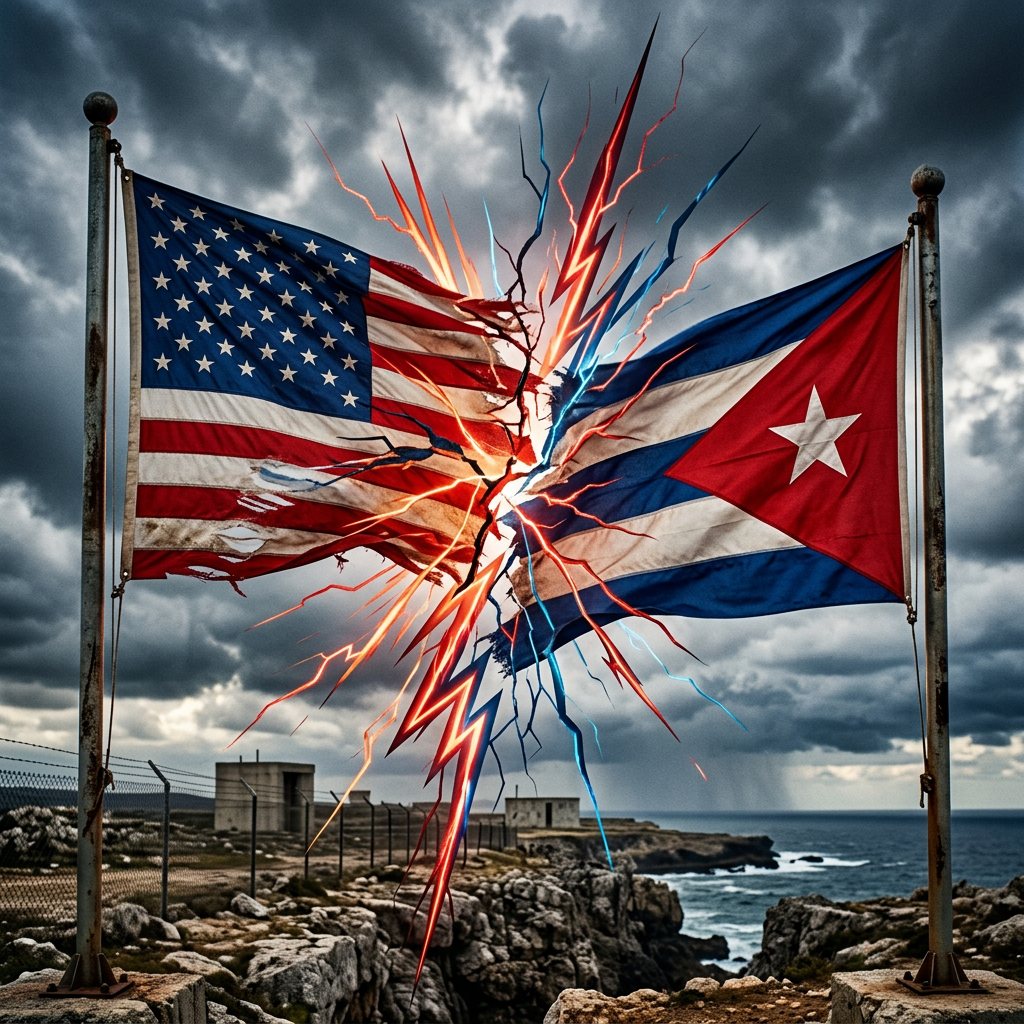 Torn American and Cuban flags with bright lightning effect between them