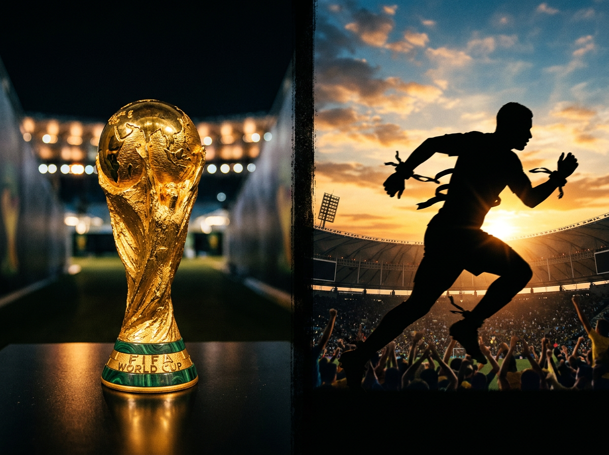 FIFA World Cup trophy illuminated with stadium lights and silhouette of runner in stadium at sunset